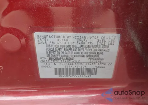 2018 Nissan Versa 1.6 S+ из США, поврежденный, VIN 3N1CN7AP7JL859659